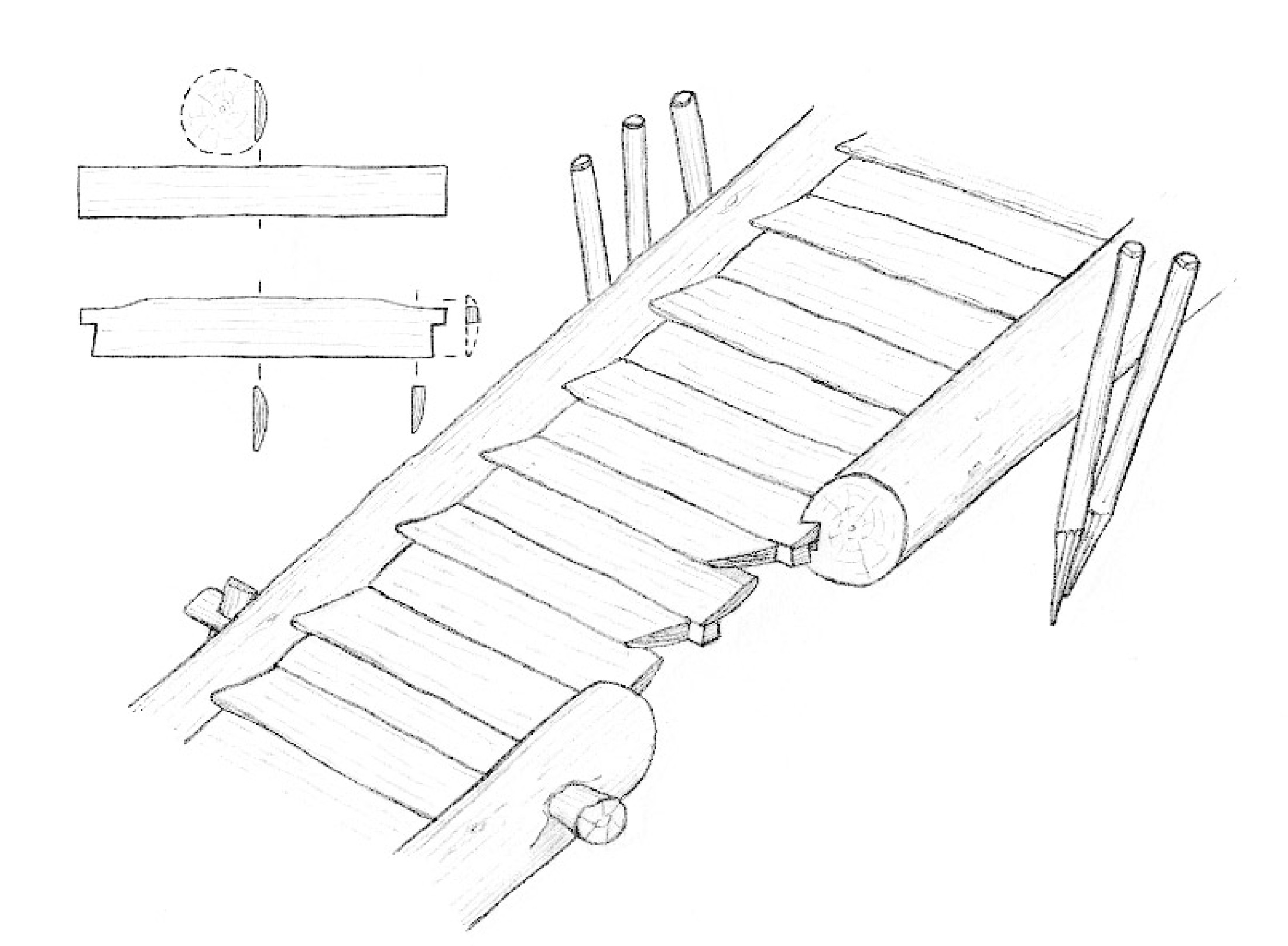 : Konstruktionsplan der Stiege: Die Auftritte stecken in der Nut der beiden Stiegenwangen. Die Zapfen der Auftritte sind so klein gehalten, dass sie in der Nut frei drehbar sind. Dadurch kann die Stiege beinahe in jeder beliebigen Steigung zusammengesetzt werden. (Bild: K. Löcker)