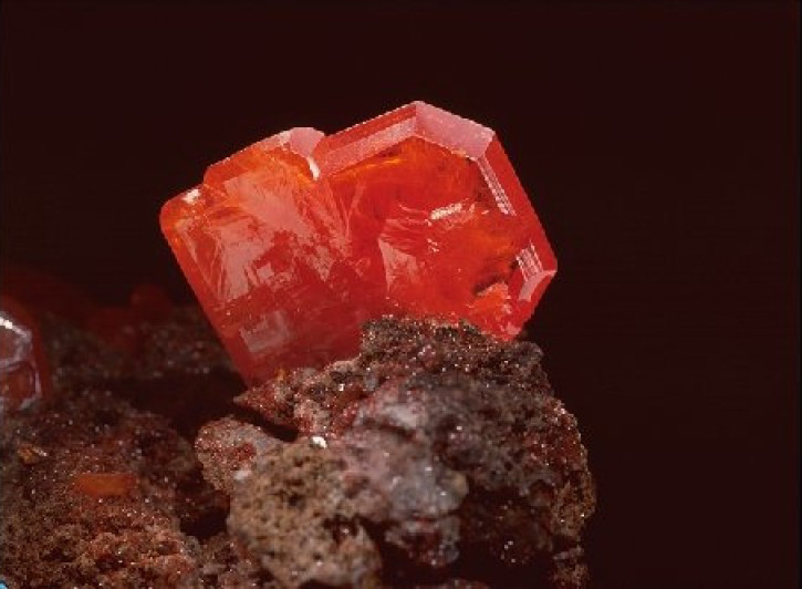 Wulfenit - Red Cloud Mine, La Paz County (ehemals Yuma Co.), Arizona, USA. Der Kristall mißt 2,7 x 2,2 cm, Inv.-Nr. D 4982.